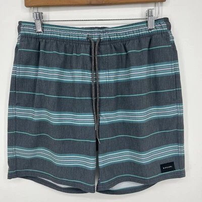 Rip Curl Swim Trunks Men's M Blue Gray Striped Logo Elastic Waistband Drawstring - Image 1 of 4