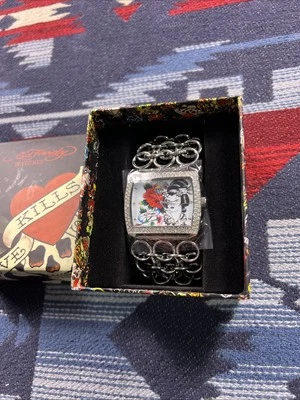 Vtg Ed Hardy Watch Geisha Tattoo Art Stainless Steel Japan Movement w Swarovski - Image 1 of 4