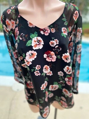 Cabi Red Floral Print Blouse Size M Medium Black Sheer 3595 Top Lined - Image 1 of 4