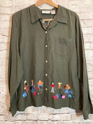 Top de hierba limón para mujer XL bordado oliva compras damas lino abotonado Foto 1 de 4