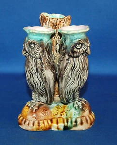 An antique 19th century Majolica porcelain Dual Owl Bird Posy Vase - Picture 1 of 10
