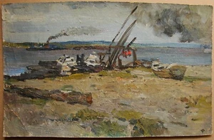 Ukrainian Soviet Oil Painting impressionism river barge boat crane - Picture 1 of 6