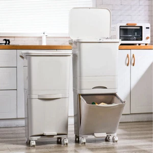 Large Mobile Double Bins Waste Kitchen Wet & Dry Trash Can Dustbin Recycling Bin - Picture 1 of 15