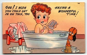 Postcard Comic Bath Humor "Gee! I Wish You Could Get in on This Too" - Picture 1 of 2