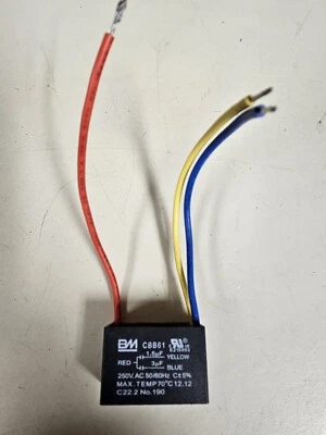 Ceiling Fan Capacitor Three Wire Red + Yellow At 1.5 UF And Blue At 3. 0 UF - Image 1 of 4