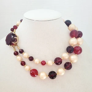 VTG Faux Pearl Cherry Red Faceted Beads Double Multi Strand Choker Necklace 19" - Picture 1 of 11