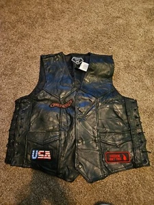 Biker Vest Mens XL Buffalo Leather Diamond Plate Live to Ride Motorcycle Patches - Picture 1 of 12