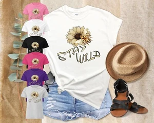 STAY WILD Fun Sunflower Minimalist Cute BOHO top Womens Basic Essential t-shirt - Picture 1 of 10