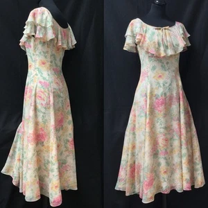 Laura Ashley Vintage Floral Roses Silk Frilled Neckline Fit & Flare Dress 6/8 - Picture 1 of 19