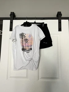 Girls Abercrombie Palm Tree Tshirt Black Active Shorts Outfit Size 13/14 - Picture 1 of 3