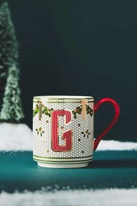 ANTHROPOLOGIE FESTIVE BISTRO TILE MONOGRAM INITIAL G CHRISTMAS MUG NEW 🎄 - Picture 1 of 3