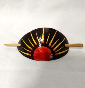 Leder Oval Haargummi Haarspange mit Holzstab Handbemalt Sonnenaufgang Design - Bild 1 von 5