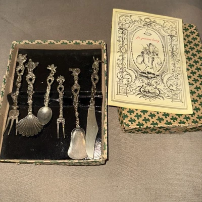 Antique Candlelight Silver From Florence Italy 6 miniature Pieces Boxed Set - Image 1 of 4