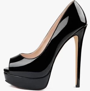 Neu Merumote schwarz Lackleder zehenfrei Plateau Stiletto-Absätze Größe 7,5 - Bild 1 von 24
