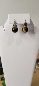 Vtg. Sterling Silver Tiger's Eye Dangle Earrings Bali Hoop Closure  - Picture 1 of 7