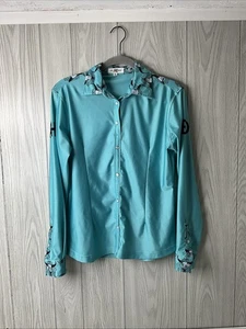 Women's XS Ranch Dressn Rodeo - Western Green / Blue Teal W/ Steer Skulls Shirt - Picture 1 of 12