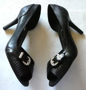 DELICACY - BLACK LEATHER PEEP-TOE FRONT RHINESTONE BUCKLE PUMPS (Size 8) - Picture 1 of 12
