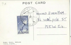 Stamp 7&1/2d Olympic Games Australia 1956 on J Rajko postcard javelin postmark - Picture 1 of 2