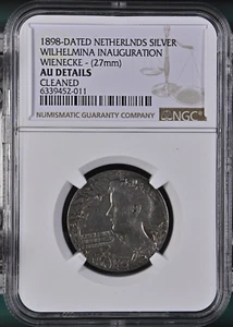 1898-DATED NETHERLANDS SILVER WILHELMINA INAUGURATION WIENECKE - NGC AU DETAILS - Picture 1 of 4