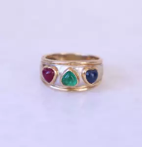14k Yellow Gold Ring Sapphire Ruby Emerald Hearts Size 8 - Picture 1 of 8