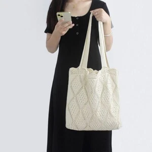 Hollow Out Bohemian Crochet Tote Bag Solid Color Casual Woven Handbag Women - Picture 1 of 14