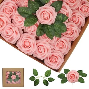 Artificial Flowers Pink Roses 50PCS Real Looking Foam Fake Roses with Leaves ... - Picture 1 of 7