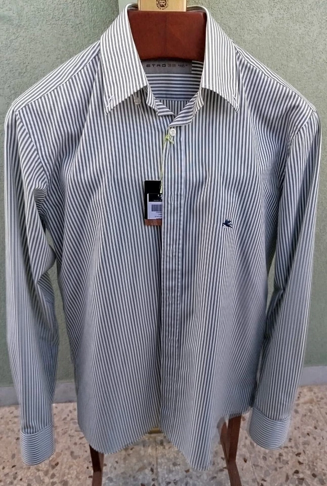 Camicia ETRO,Made Italy,GREEN stripes,logo ETRO,100% cotton,SIZE 39 (M Internat) - Immagine 1 di 4