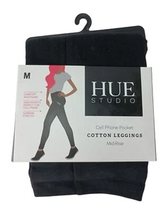 Hue Studio Cell Phone Pocket Cotton Leggings Mid Rise Black Women's Sz. M - Picture 1 of 2