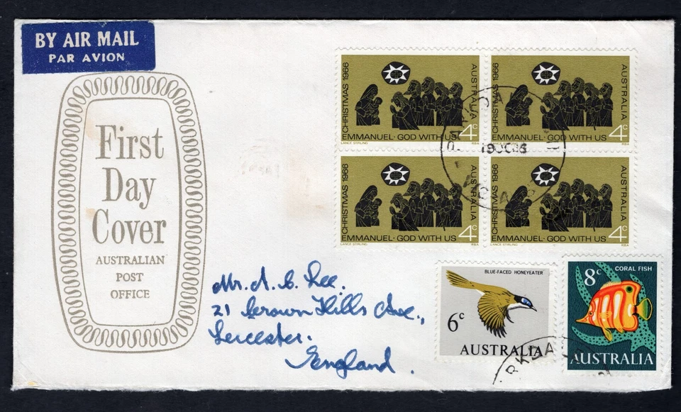 1966 Australia 30c Total 4c Christmas Block 6c Bird 8c Fish FDC Uprated APO FDC - Image 1 of 1