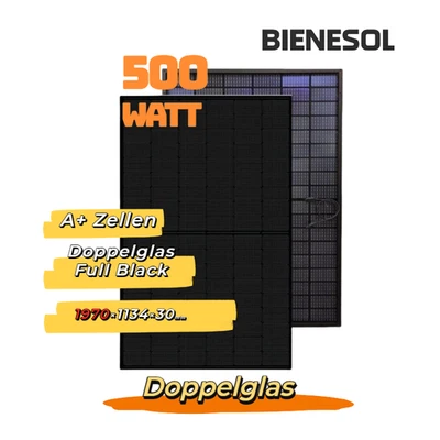 500 Watt Solarmodul Solarpanel FULL BLACK Bifazial Glas/Glas 500 Watt - Bild 1 von 3