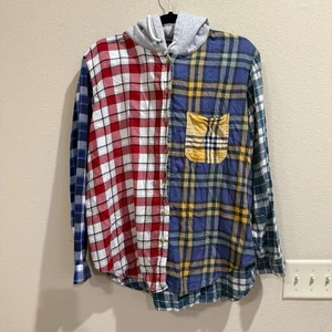 Camicia di flanella American Eagle donna L con cappuccio patchwork a quadri con bottoni - Foto 1 di 7