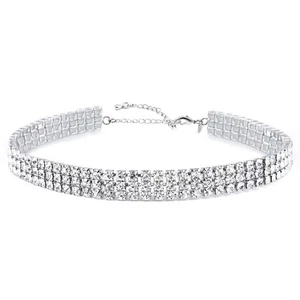 3 Row Rhinestone Choker Necklace for Women White Gold Plated, 12.4 inch - Picture 1 of 7