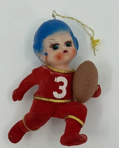Adorno de jugador de fútbol americano flocado vintage de los años 60 Japón MCM kitsch Navidad ojo grande - Imagen 1 de 2