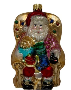Vintage mundgeblasenes Glas Weihnachtsmann auf einem Stuhl mit Geschenken Christbaumschmuck 4" hoch - Bild 1 von 5