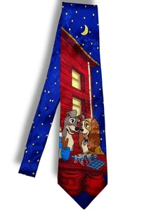 Corbata de seda vintage Disney Lady and the Tramp Blue Stars Moon Italia  - Imagen 1 de 9