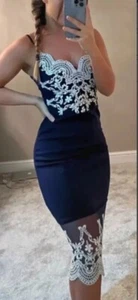 Lipsy Marineblau Weiß Creme Bodycon Kleid 14 Spitze Midi Party Anlass Hochzeit - Bild 1 von 21