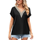 Women Blouses Satin T Shirt Casual Guipure Lace V Neck Ladies Shirts Holiday