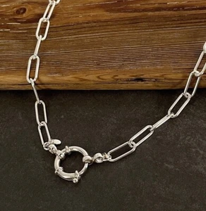 Solid Sterling Silver Paperclip Necklace 4.3mm with Front Clasp Pendant Holder - Picture 1 of 7