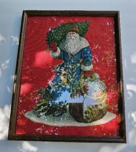 Santa Wall Art seltener blauer Mantel gerahmt auf Stoff Vintage Vater Winter - Bild 1 von 1