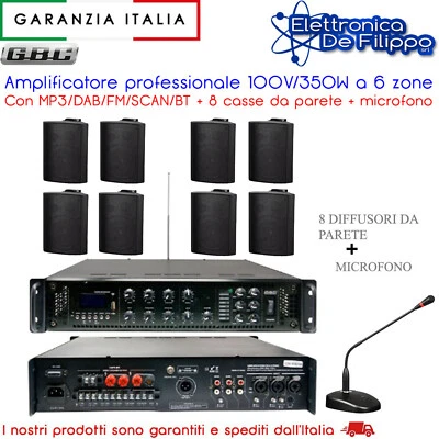 Amplificatore 100V/350W 6 zone Con MP3/DAB/FM/SCAN/BT con 8 casse con microfono - Immagine 1 di 4