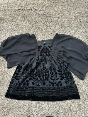 Blusa Top H&M Conscious Collection Terciopelo Burnout Manga Ala de Murciélago Transparente Negra 2 Foto 1 de 4