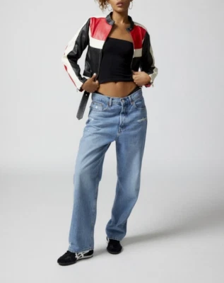 Women's Black Real Leather Biker Jacket Red Black White Moto Style Y2K Cropped - Image 1 of 4