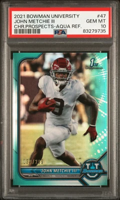 2021 Bowman University John Metchie III RC #47, CHROME AQUA /299, PSA 10 POP 1 - Image 1 of 3