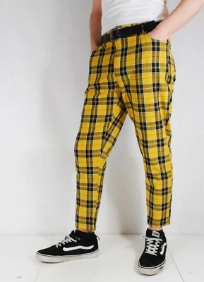 Mens Bespoke Slim Fit Tartan Check Sta Press Style Trousers 60s Mod Yellow/Navy - Image 1 of 4