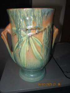 ROSEVILLE TWO HANDLED TAN & AQUA MOSS VASE # 777-7 - Picture 1 of 10
