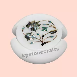 4"x4"Handmade Round White Marble Coaster Set Inlaid with Paua Shell & Gemstones - Picture 1 of 6