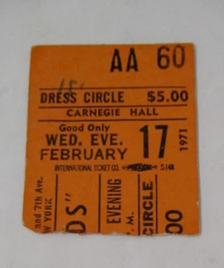 The BYRDS and Redeye at Carnegie Hall, 17 febbraio 1971 Biglietto Stub - Foto 1 di 2
