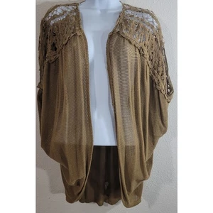 Cárdigan tejido frontal abierto drapeado marrón dorado by Bke talla única crochet hombro boho - Imagen 1 de 6