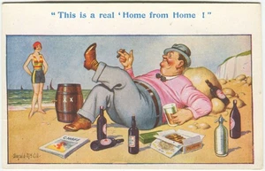 HOME FROM HOME, WHISKEY, SMOKING CIGAR, DONALD McGILL - Seaside Comic Postcard - Picture 1 of 2