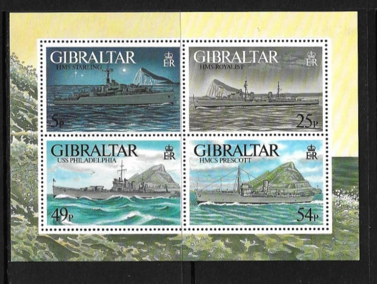 Gibraltar SC # 714a-d Buques de guerra de la Segunda Guerra Mundial, hoja de recuerdo. MNH Foto 1 de 1